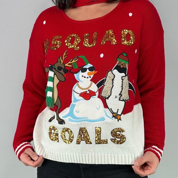 Hooked Up "#Squad Goals" Red Ugly Christmas Sweater Sequins - Picture 5 of 8